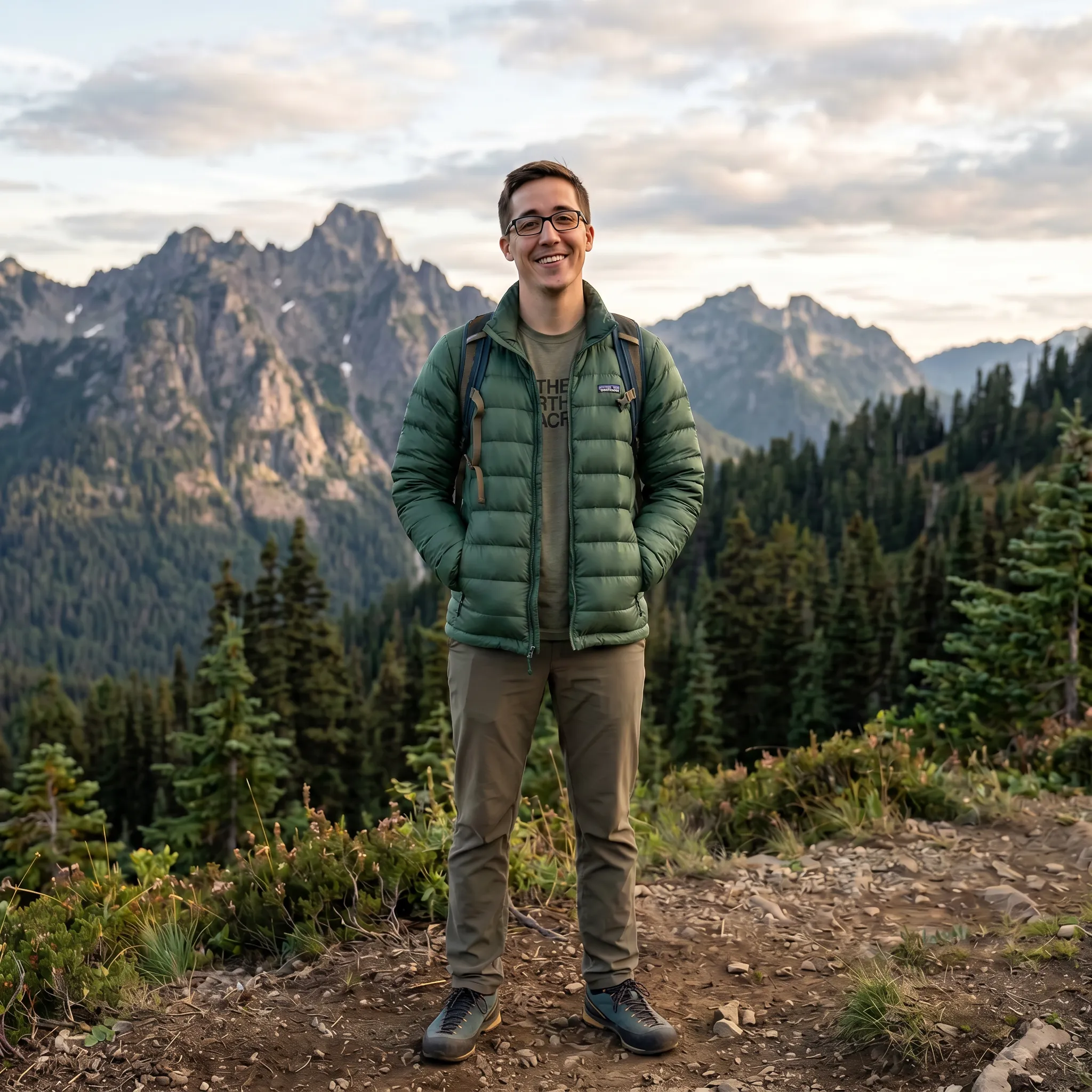 Photograph of Alex Fritz on a Pacific Northwest mountain ridge at golden hour, smiling, in outdoor clothing, with jagged peaks and conifer forest behind him.