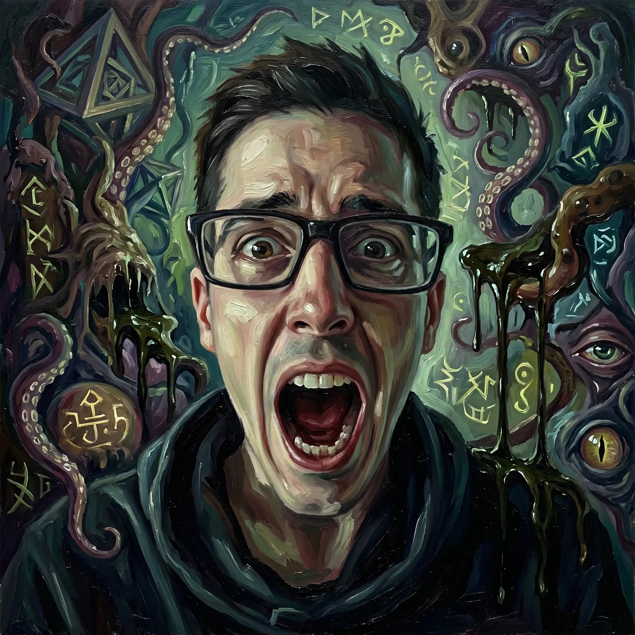 Generative portrait of Alex Fritz: mouth open mid-shout, surrounded by runes, tentacles, and watching eyes.