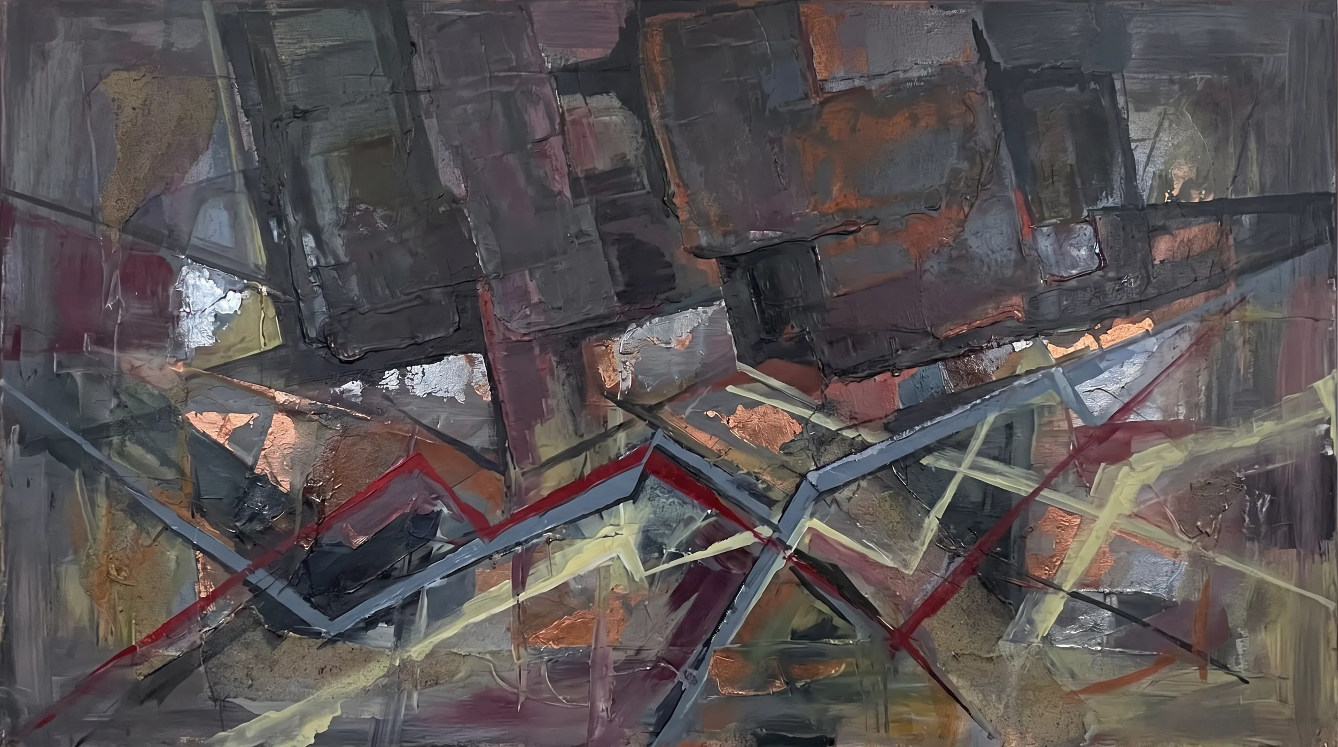 Illustration: an abstract palette-knife painting — dark institutional blocks looming over a jagged grey-and-red line that cuts across like a volatile chart, on a muted rust-and-ochre ground.