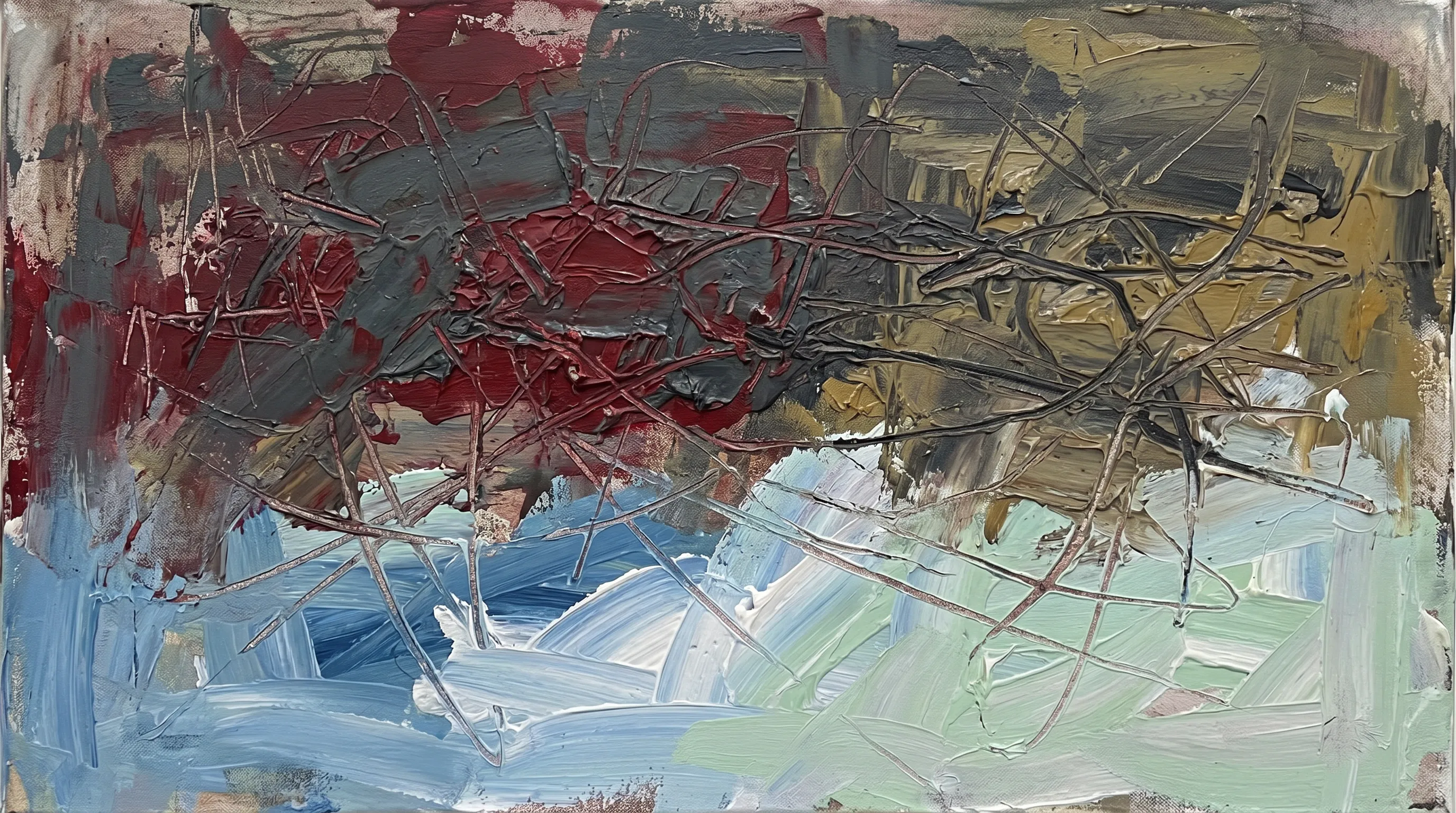 Illustration: an abstract palette-knife painting — a tangle of dark, barbed-wire-like lines across the upper half dissolving into calm horizontal strokes of pale blue and sage below.