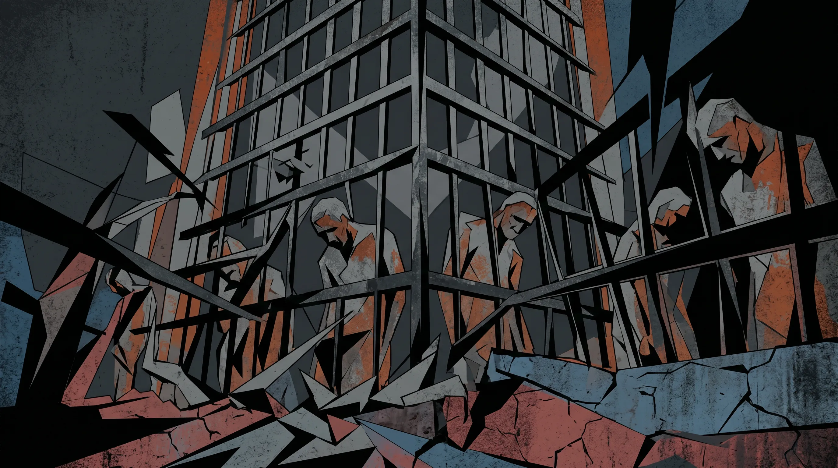 Illustration: grey-clad figures bent in labor behind the bars of a cellblock, rendered in fractured coral and blue planes.