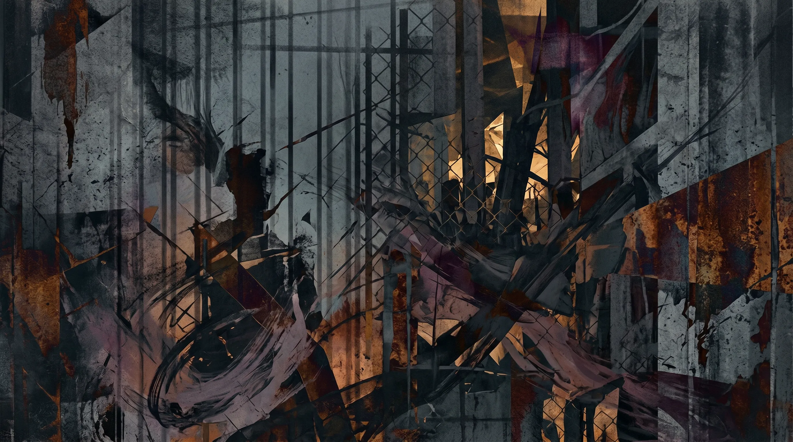 Illustration: an abstract, distressed composition of vertical bars and smeared rust and grey, with a watching eye half-buried in the texture.