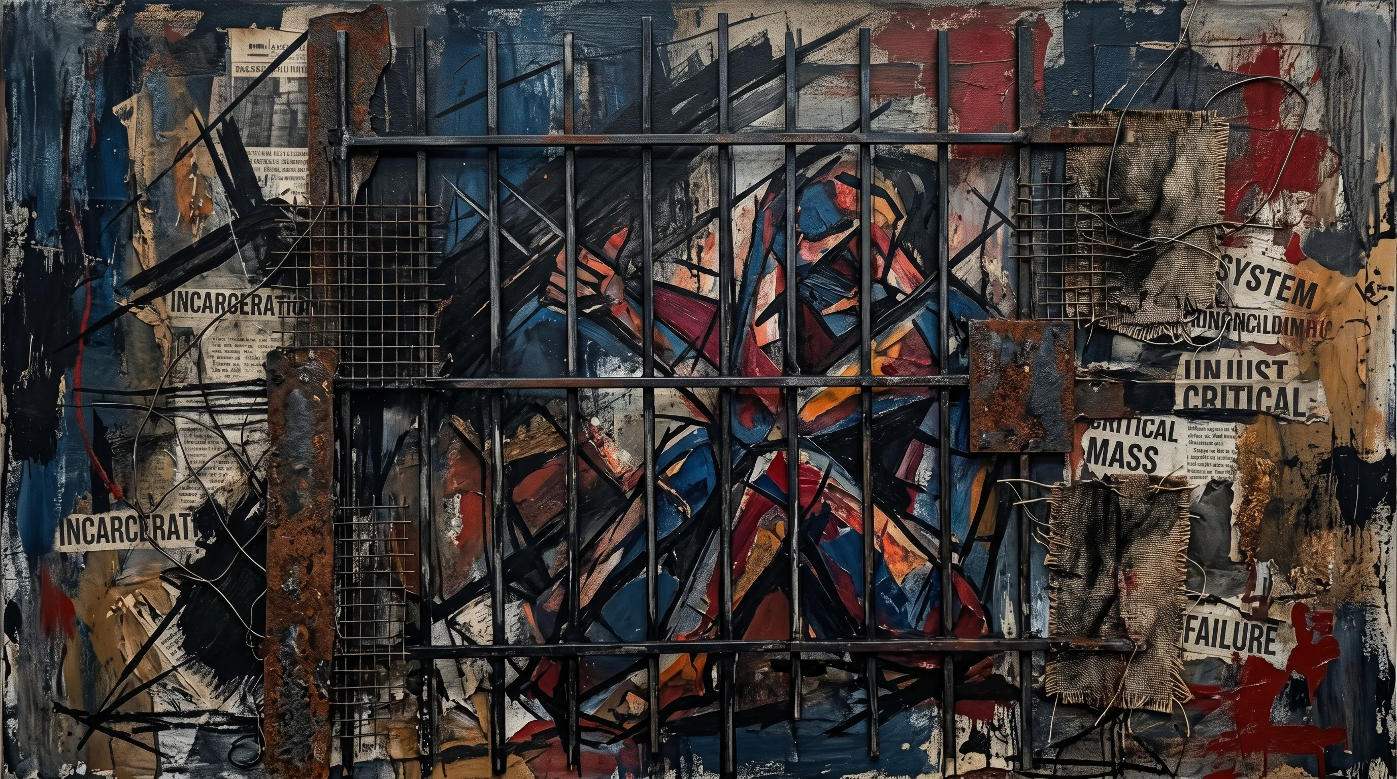 Mixed-media collage: prison bars over fractured color, with torn paper fragments reading incarceration, system, unjust, critical mass, and failure.