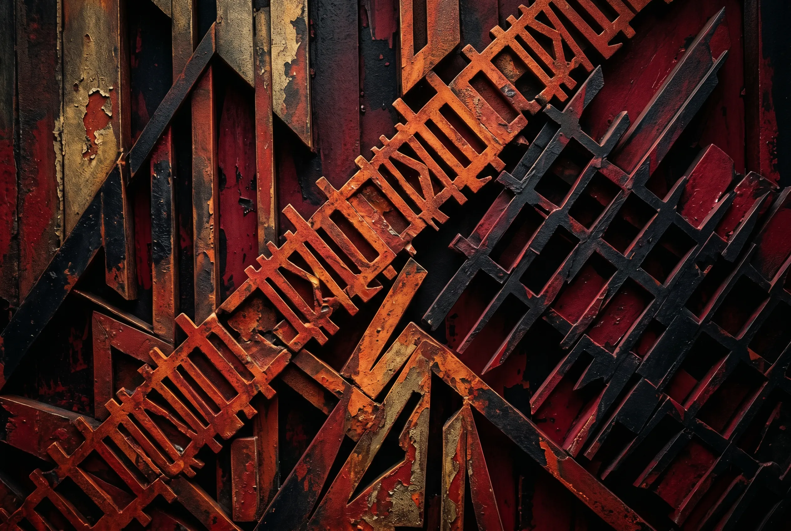 Illustration: an abstract composition of rust-orange and crimson slats — ladder rails and lattice grids — fractured and overlapping against a weathered, near-black ground.