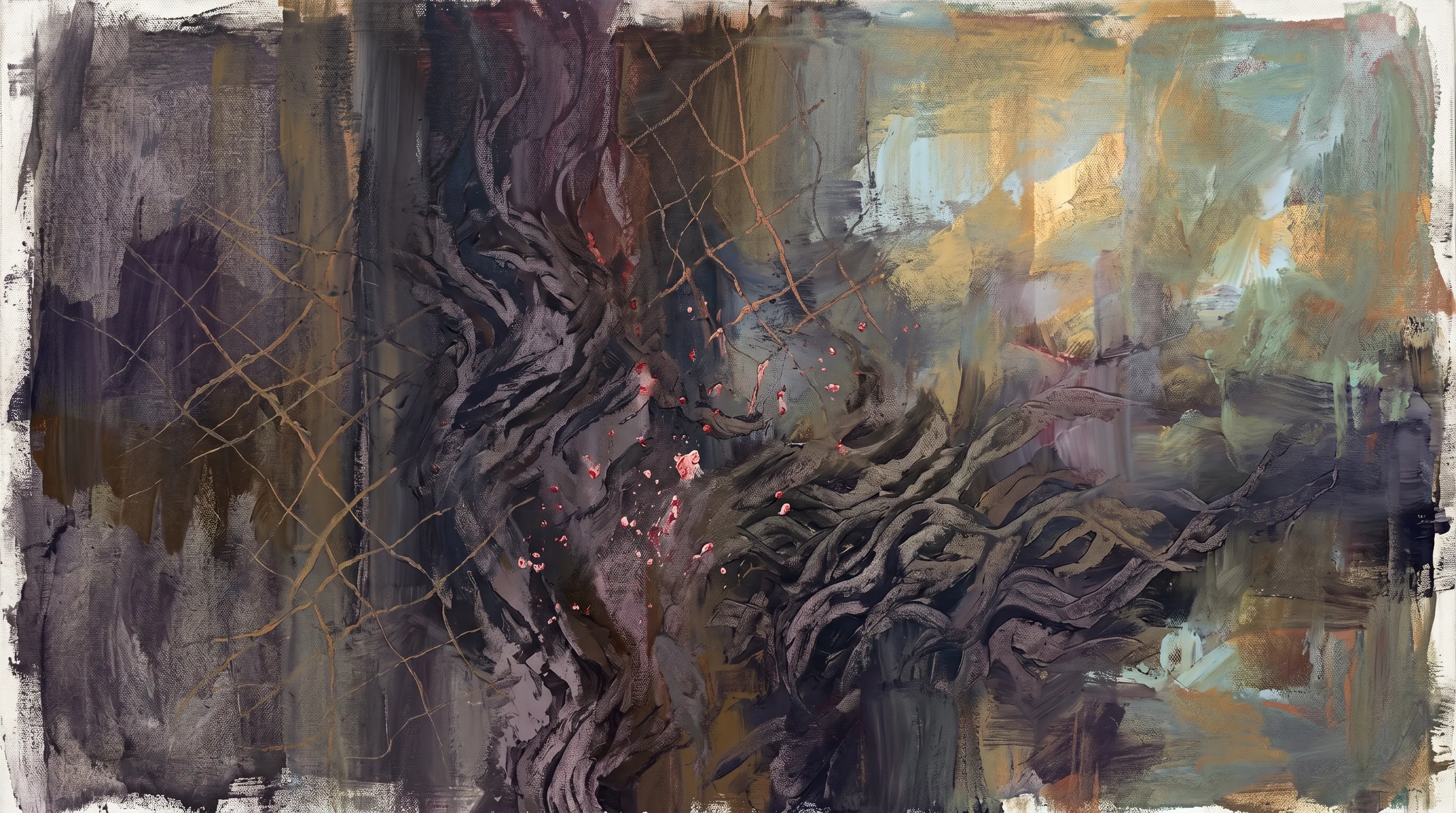 Illustration: a heavy impasto oil painting of dark gnarled branches forming a web at center, with small red-pink sparks scattered through cross-hatched lines on a slate and ochre ground.