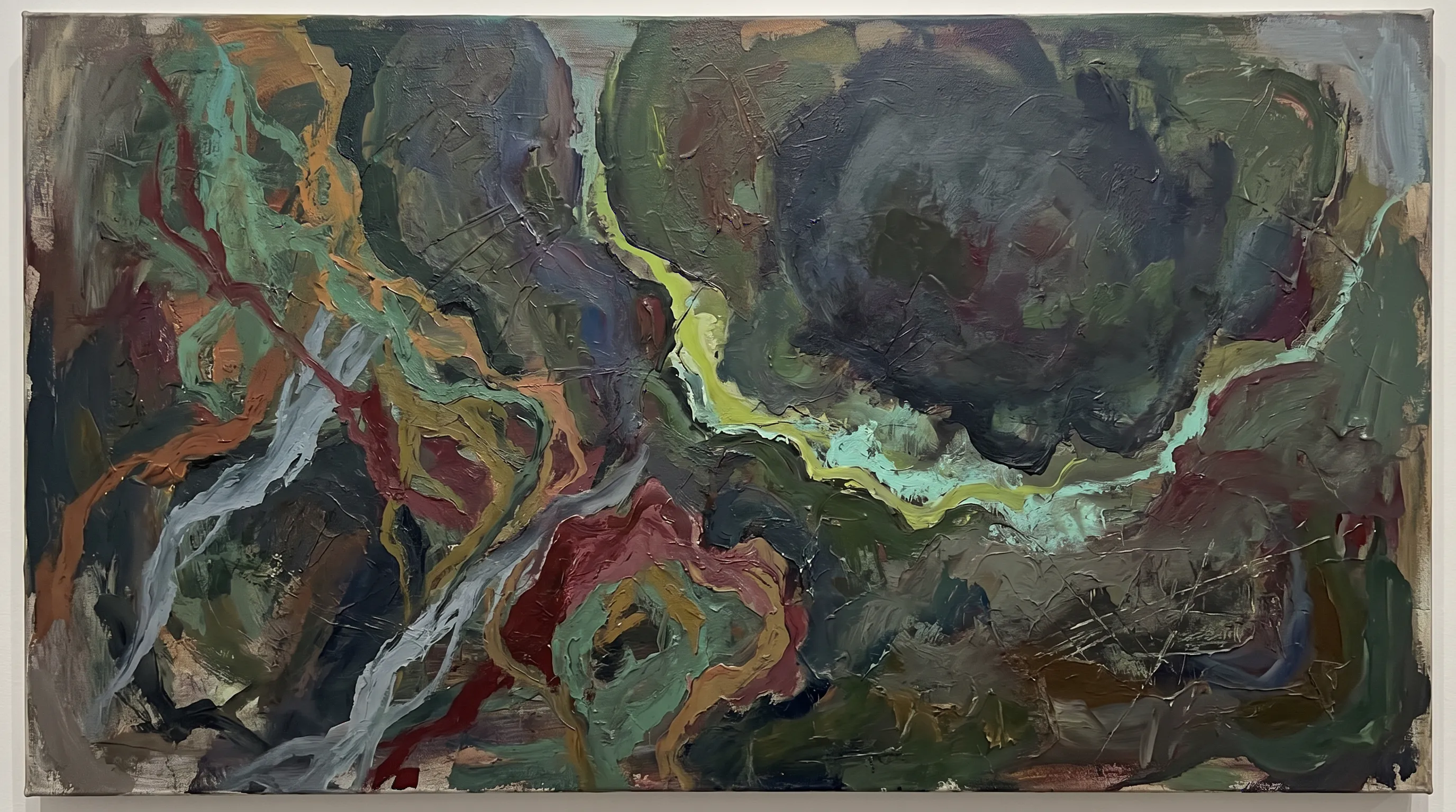 Illustration: an abstract oil painting of a sinuous yellow-green path winding through deep olive and dark green ground, with curling rust-red and grey-blue flourishes.