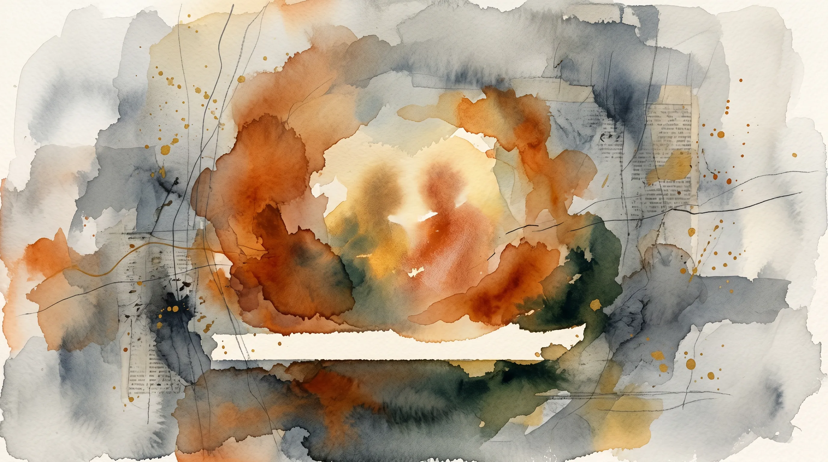 Watercolor: two faint figures haloed in warm autumn light — orange, rust, and sepia bursts on a torn-paper ground, with the suggestion of newsprint at the edges.