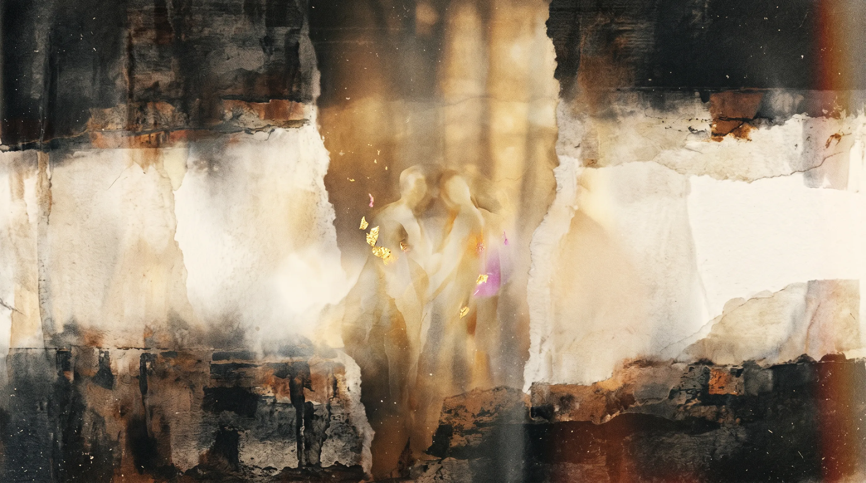 Watercolor: two pale figures standing close in a bright horizontal threshold of light, framed by torn dark walls of peeled rust and shadow.