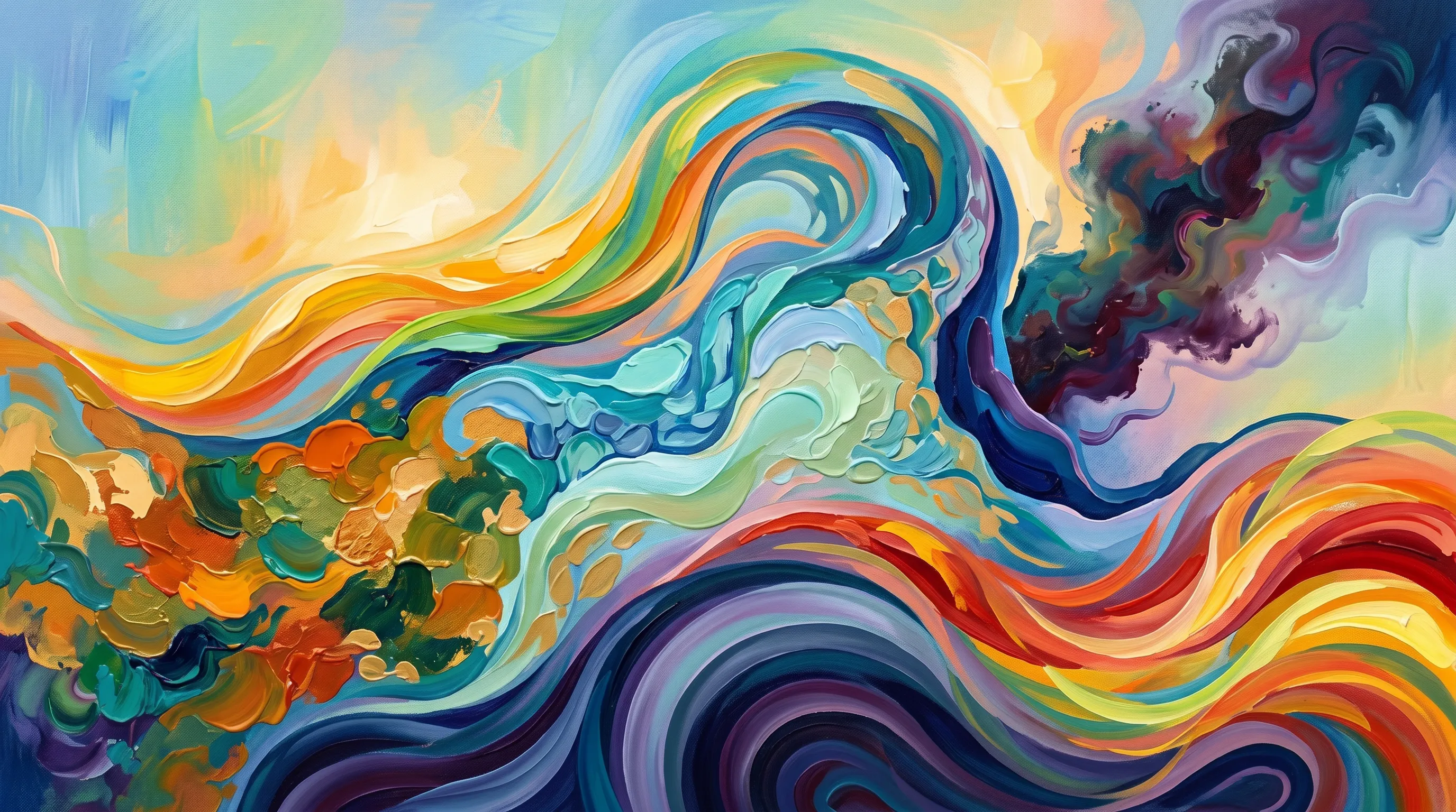 Illustration: a flowing abstract painting of rainbow waves and layered bands in warm oranges, deep blues, and greens — a gathering of color, the visual of accumulation.