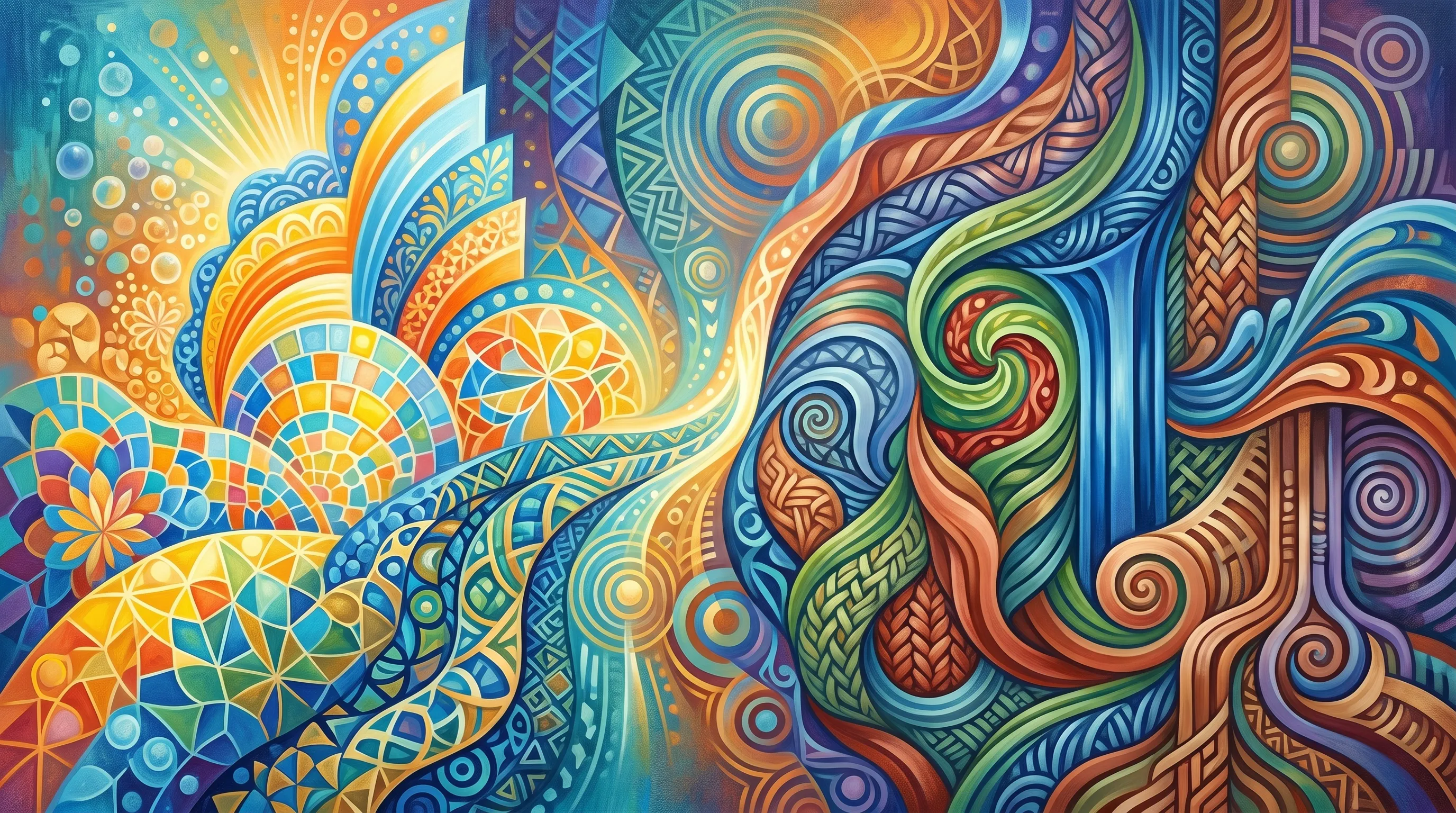 Illustration: a dense, color-saturated painting of interlocking mandala and mosaic patterns — geometric tilework, spirals, and intricate fine detail in oranges, blues, and greens.