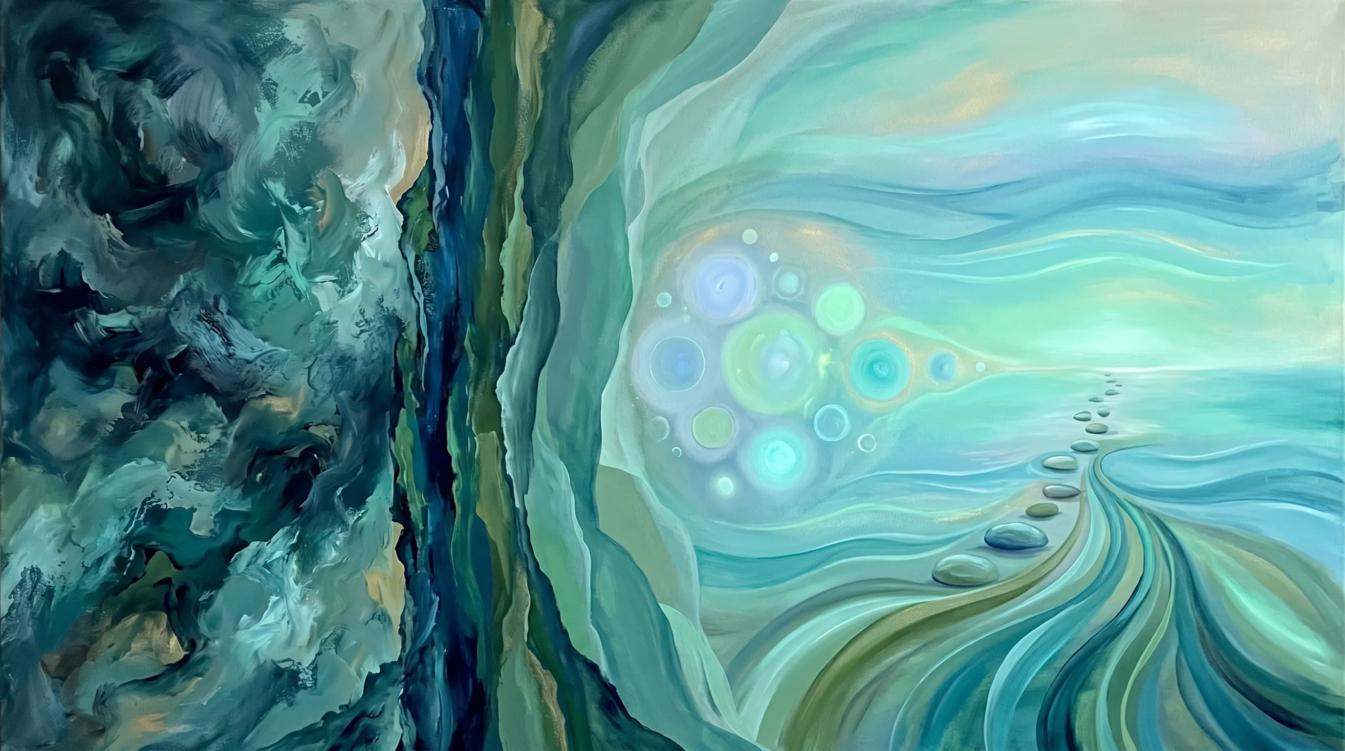 Illustration: an abstract teal-and-sage painting — a layered dark cliff opens into a flowing aqueous expanse, with a cluster of pale circles drifting in the upper middle and a path of dark stepping-stones leading toward a glowing horizon.